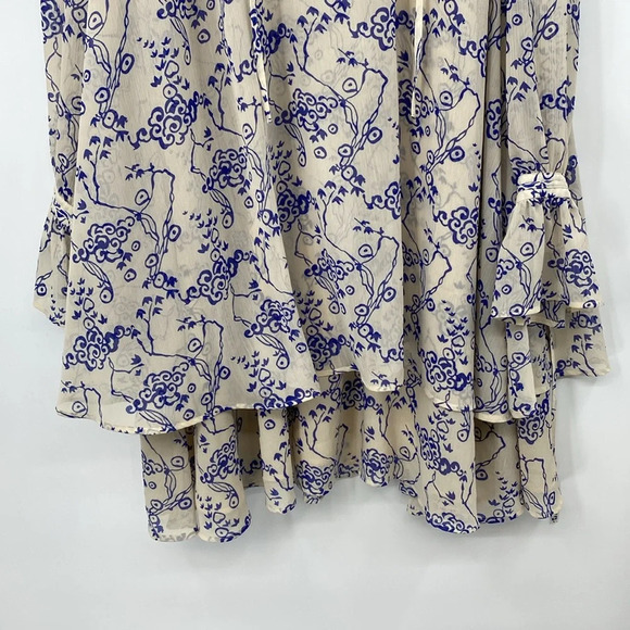 & Other Stories Ruffle Collar Cloud Print Mini Dress Women Sz 10 Tan Blue Tiered - Picture 5 of 15